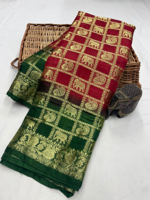 Red and green color art silk saree with zari weaving work
