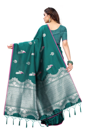 Rama green color lichi silk saree with silver zari weaving work