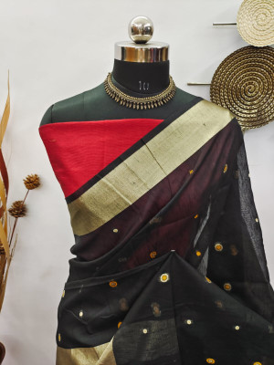 Black color raw silk saree with zari woven work