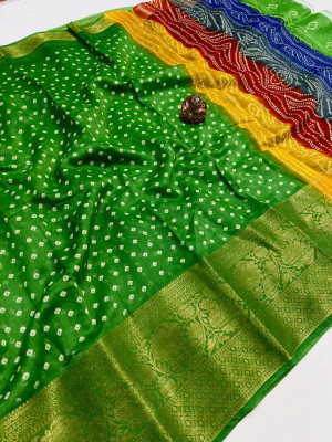 Green color cotton silk saree with bandhej printed work