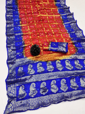 Red and blue color hand bandhej silk saree with zari weaving work