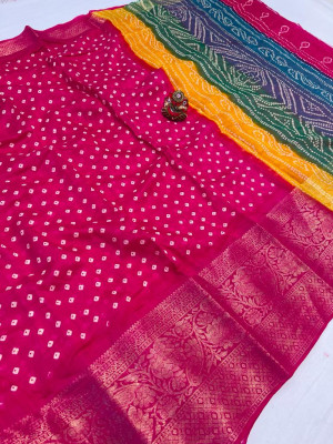 Rani pink color cotton silk saree with bandhej printed work