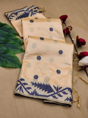 Off white color raw silk saree with zari weaving work