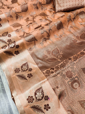 Peach color soft cotton silk saree with zari weaving work