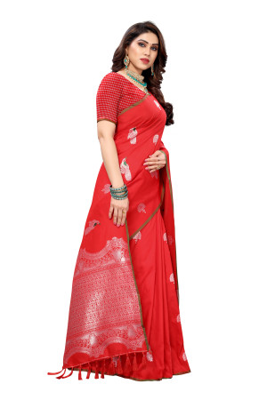Red color lichi silk saree with silver zari weaving work