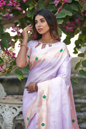 Lavender color soft paithani silk saree with zari weaving work