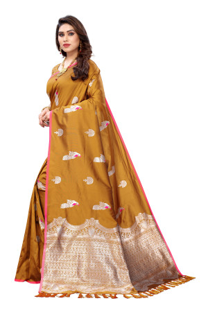 Mustard yellow color lichi silk saree with silver zari weaving work