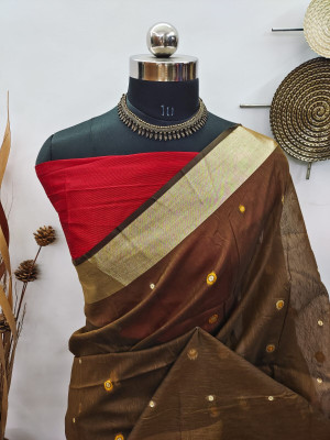 Brown color raw silk saree with zari woven work