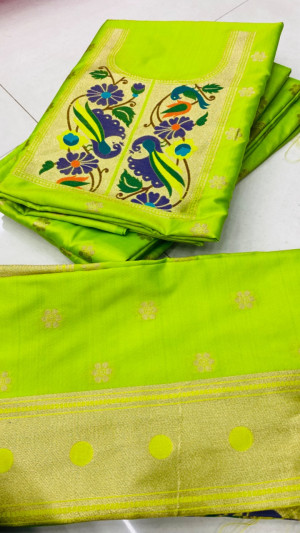 Parrot green color paithani silk unstitched dress