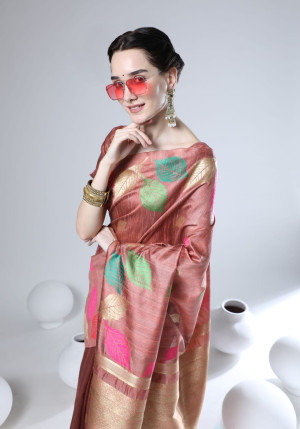 Peach color tussar silk saree with zari woven work