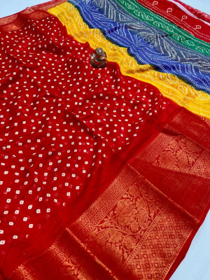 Red color soft cotton silk saree with bandhej printed work