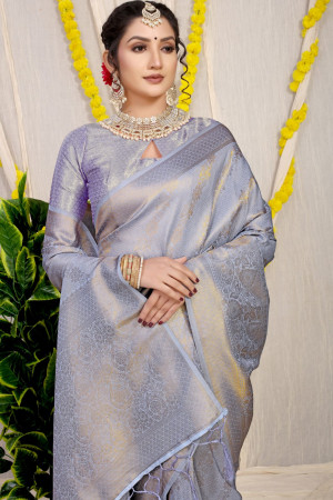 Sky blue color soft fancy silk saree with golden zari weaving work