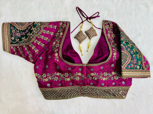 Embroidery copper zari with sequence blouse magenta color