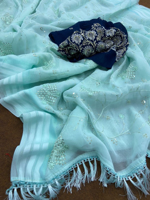 Sky blue color georgette saree with embroidery work
