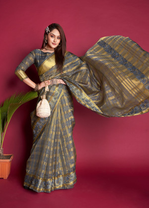 Gray color organza silk saree with embroidered and zari weaving work