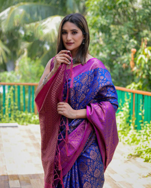 Royal blue color Kanchipuram silk saree with zari woven work