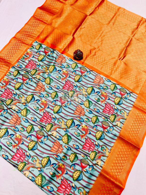 Sea green and orange color fancy silk saree with digital printed work