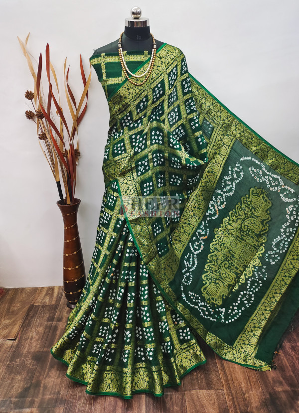 Bottle Green Jaipuri Tie & Dye Bandhej Printed Chiffon Saree