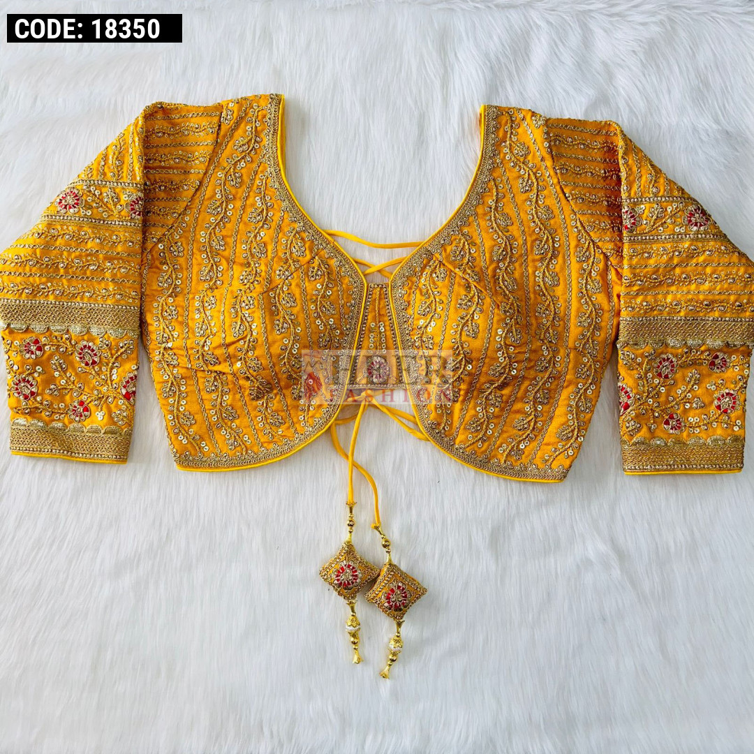 Heavy embroidery designer readymade mustard yellow color blouse