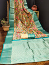 Light yellow and firoji color fancy silk saree with digital printed work
