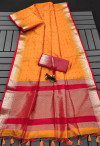 Orange color soft tussar silk saree with zari weaving work