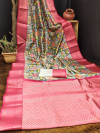 Gray and pink color fancy silk saree with digital printed work