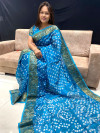 Sky blue color bandhani saree with hand bandhej work