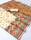 Off white color soft pashmina silk saree with woven design