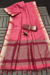Dark peach color soft tussar silk saree with zari weaving work