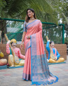 Baby pink and firoji color kanchipuram silk saree with zari weaving work