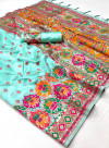 Sea green color soft pashmina silk saree with woven design