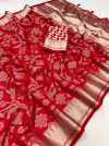 Red color soft brasso saree with zari weaving work