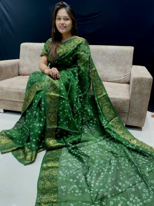 Green color bandhani saree with hand bandhej work
