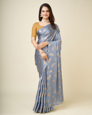 Gray color pure satin silk saree with foil printed work