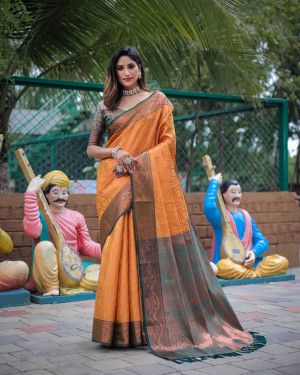 Yellow and bottle green color kanchipuram silk saree with zari weaving work