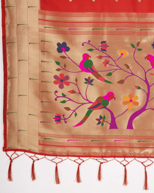 Red color paithani silk saree with zari weaving work