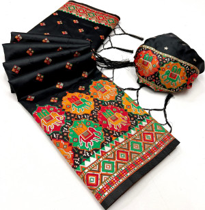 Black color soft pashmina silk saree with woven design