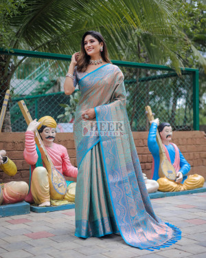 Sea green and firoji color kanchipuram silk saree with zari weaving work