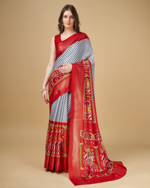 Red and gray color pashmina silk saree with foil printed work