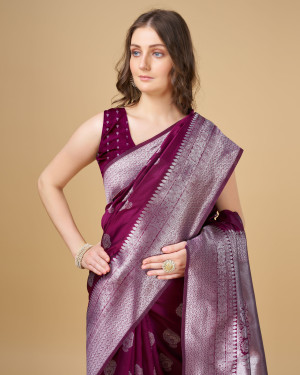 Magenta color soft banarasi silk saree with zari weaving pallu
