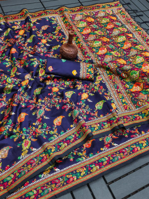 Navy blue color soft pashmina silk saree with zari weaving work