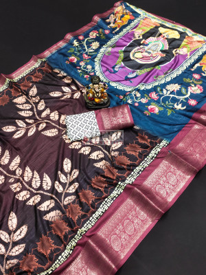 Multi color dola silk saree with kalamkari printed work