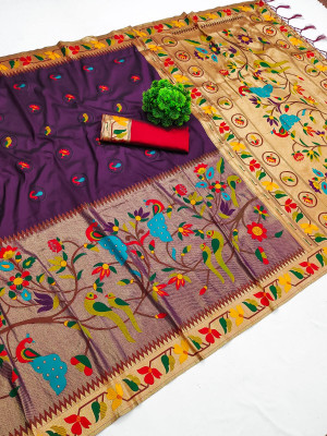 Wine color paithani silk saree with zari weaving work