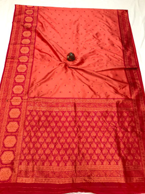 Peach color soft banarasi saree with zari weaving work