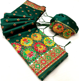 Green color soft pashmina silk saree with woven design