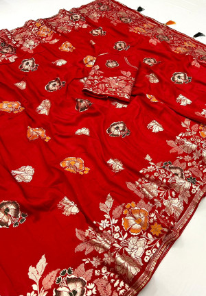 Red color soft muslin silk saree with zari weaving work