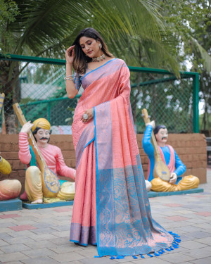 Baby pink and firoji color kanchipuram silk saree with zari weaving work