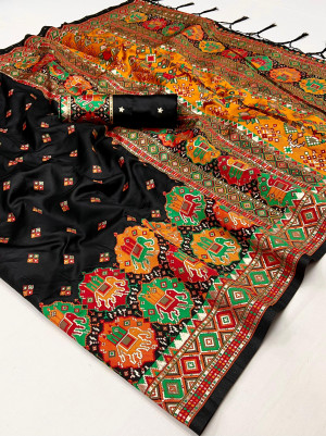 Black color soft pashmina silk saree with woven design