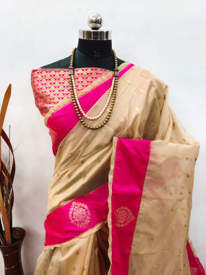 Cream color soft organza silk saree with zari weaving work