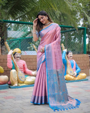 Lavender and firoji color kanchipuram silk saree with zari weaving work